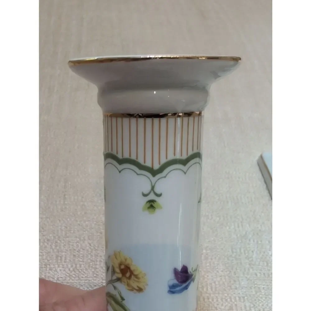 Porcelain Floral Candle Holders - White with Green and Floral Accents